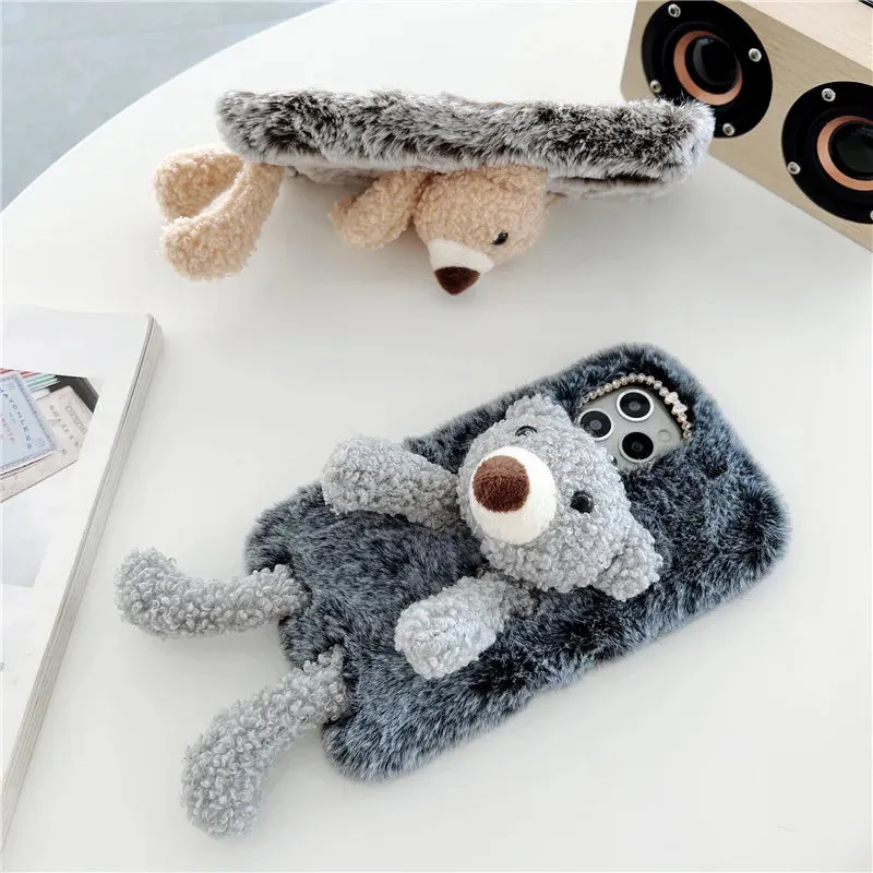 Adorable Cute Soft Teddy Bear Bunny Fluffy Phone Case Cover For iPhone 15 14 13 Pro 12 11 Pro Max 8 7 6S Plus SE