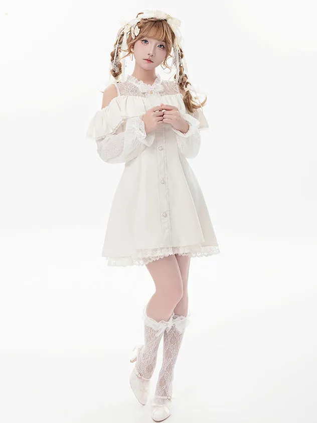 Beige Illusion Neckline Cutout Shoulder Jirai Kei Long Sleeves Dress with Bow Tie