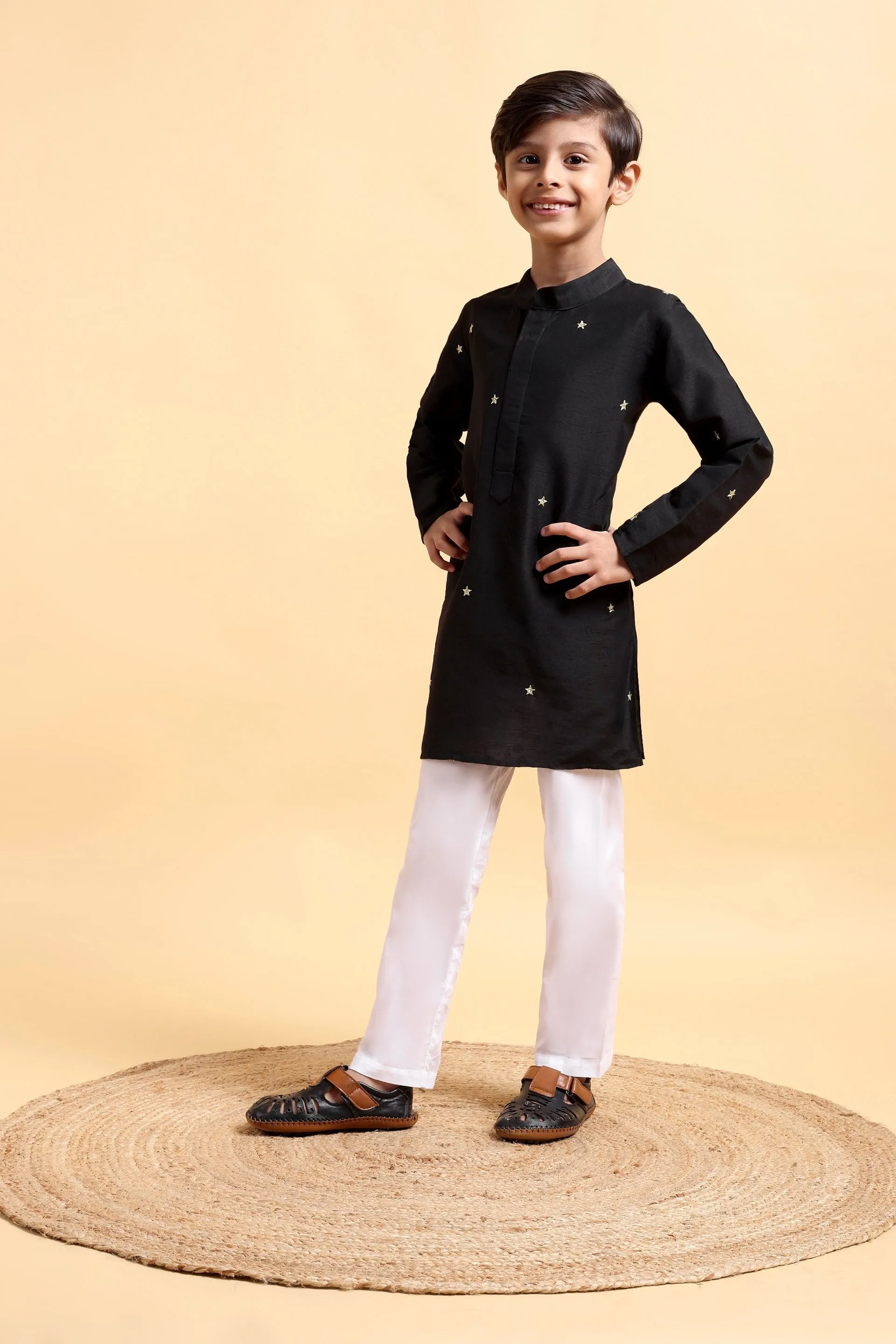 Black Embroidery Cotton Silk Kurta & Pajama Set