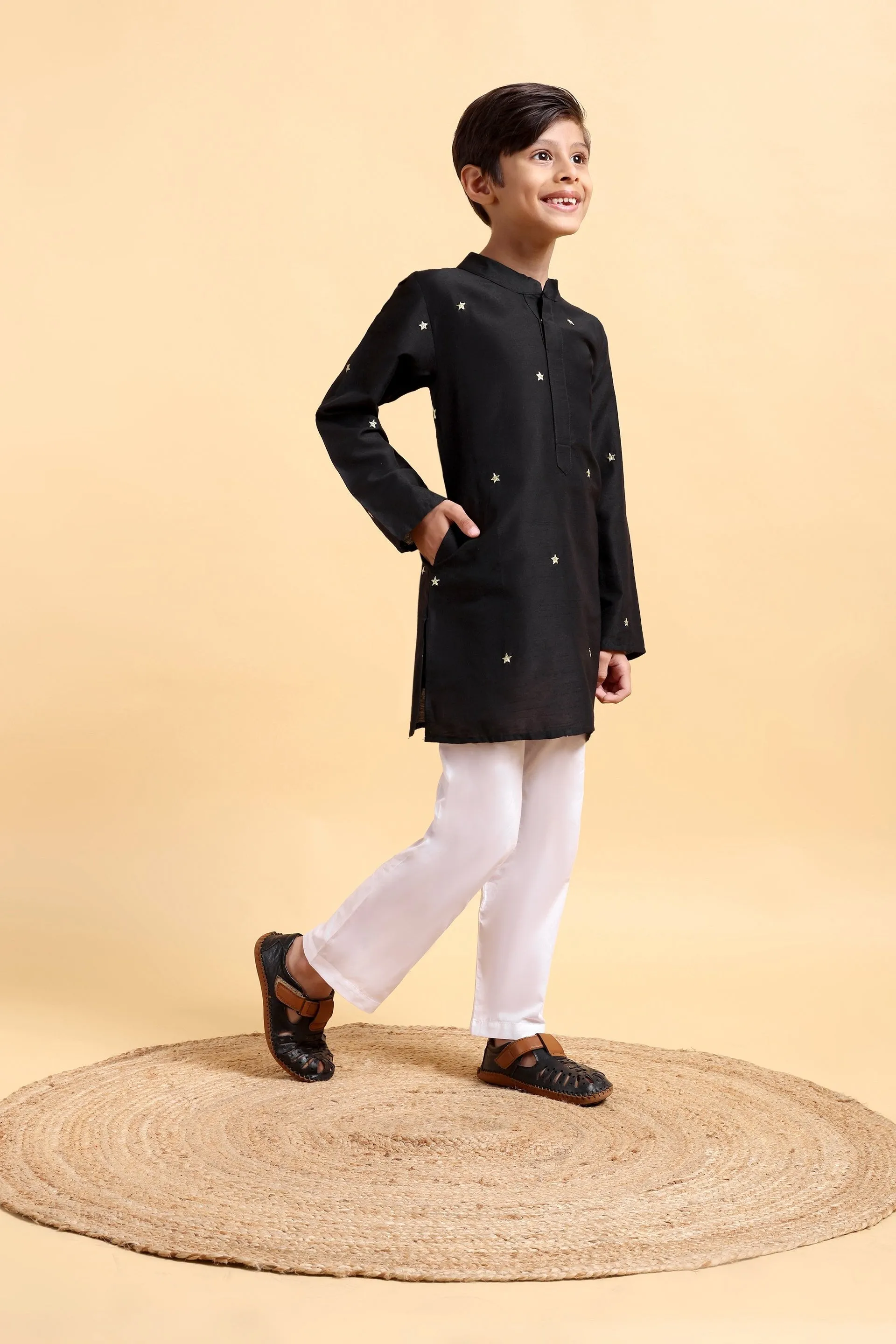 Black Embroidery Cotton Silk Kurta & Pajama Set