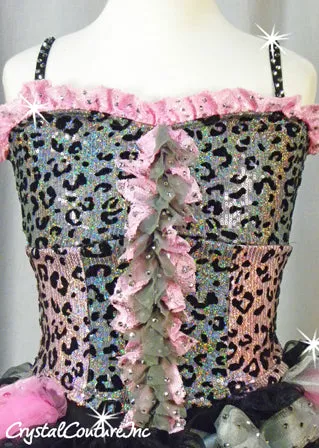 Black/Pink Animal Print Top with Black Trunk/Bustle Skirt - Swarovski Rhinestones