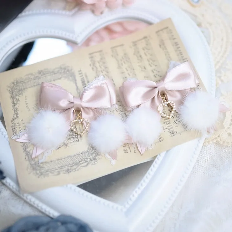 Jirai Kei Dusty Pink/Black Fluffy Pompoms Bowknot Hairclips