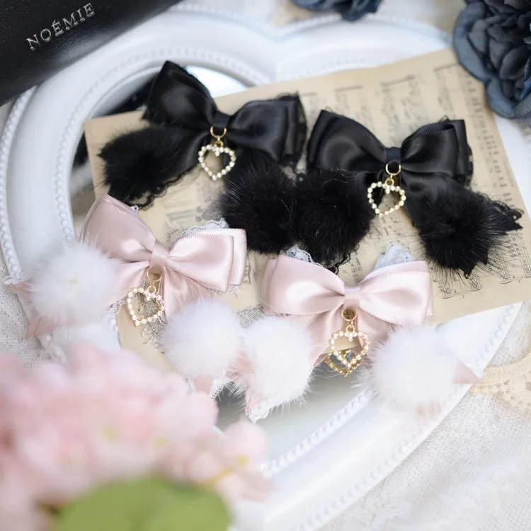Jirai Kei Dusty Pink/Black Fluffy Pompoms Bowknot Hairclips