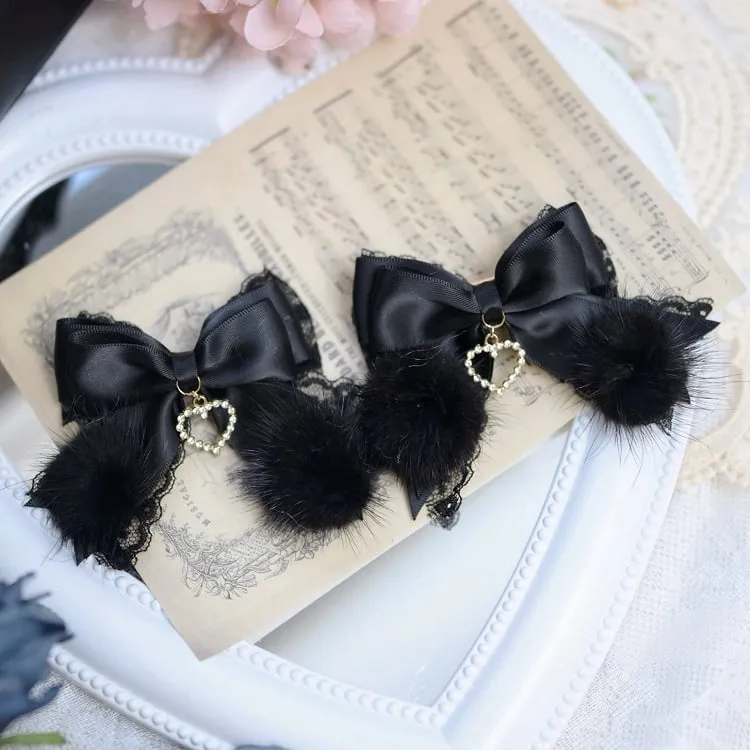 Jirai Kei Dusty Pink/Black Fluffy Pompoms Bowknot Hairclips
