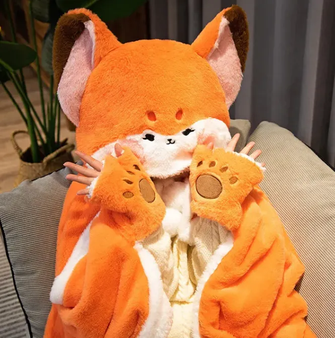 Kawaii Fox Plush Hoodie Blanket Robe