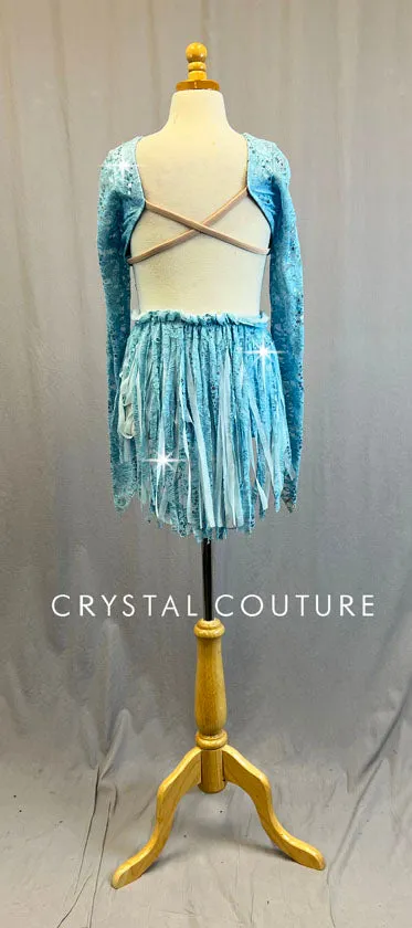 Light Blue Long-Sleeved Lace Crop Top & Piecey Skirt