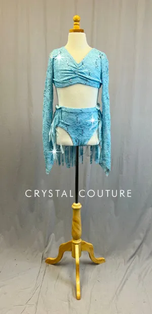 Light Blue Long-Sleeved Lace Crop Top & Piecey Skirt